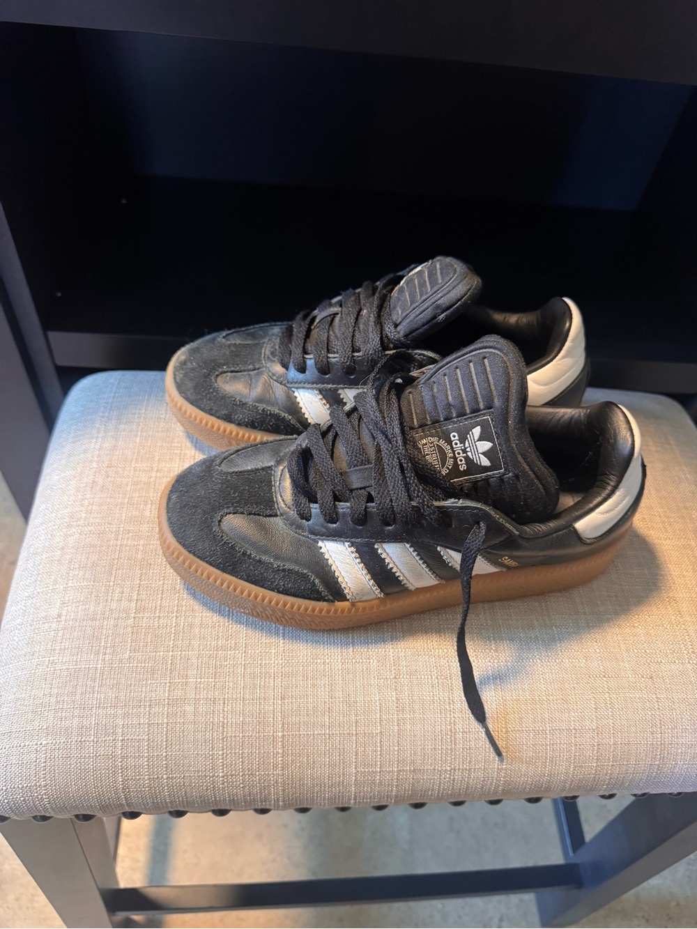 adidas Kids Black Suede Sneakers with White Stripes and Gum Sole